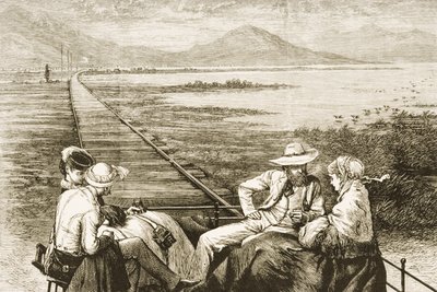 Un coche de inspección en el Ferrocarril del Pacífico acercándose al Gran Lago Salado, c.1880 de Reverend Samuel Manning
